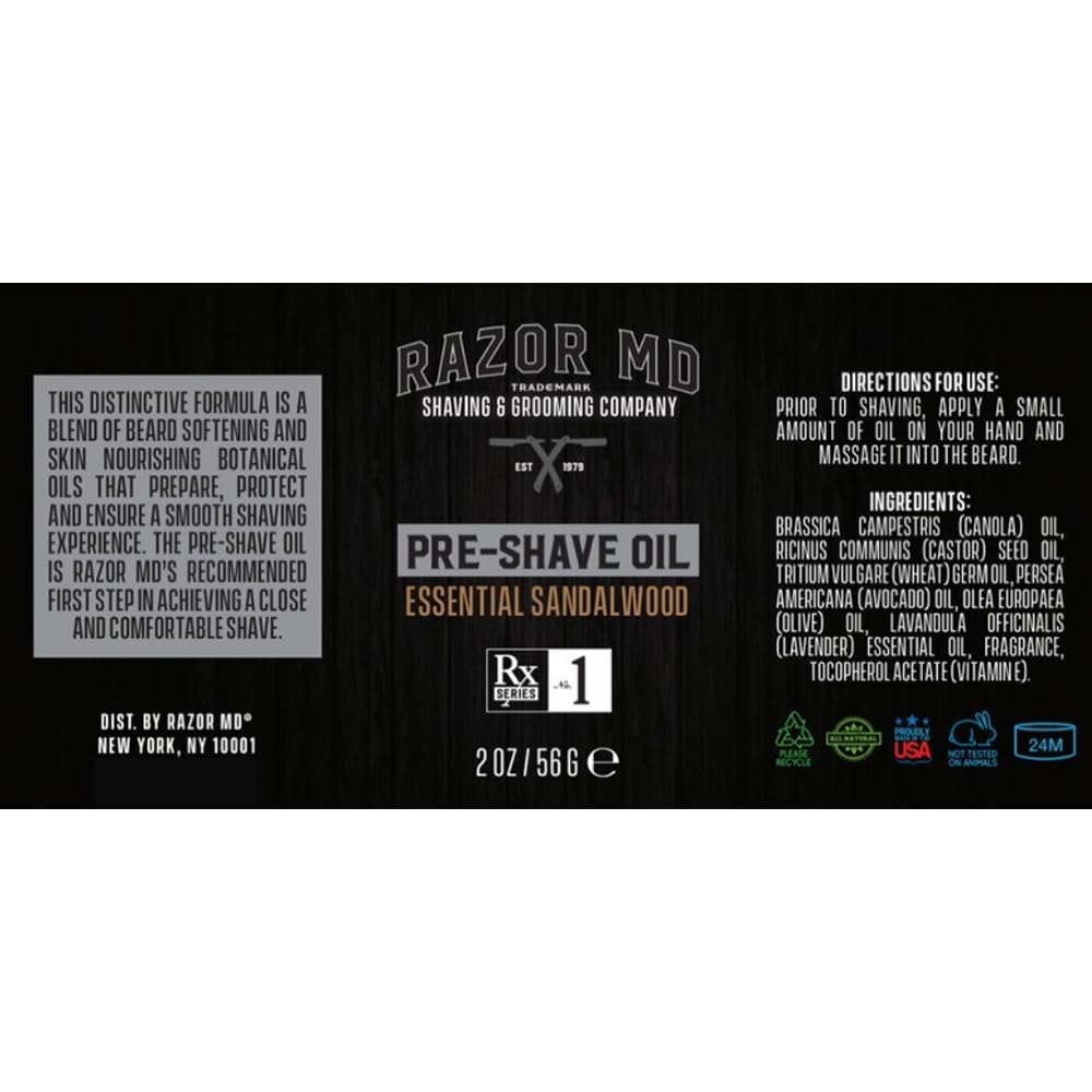 Razor MD Pre Shave Beard Oil for Men with Sensitive Skin, Every Day Shaving Tools for Men, Sandalwood Scent, 2 fl oz Beauty and Personal Care Razor MD