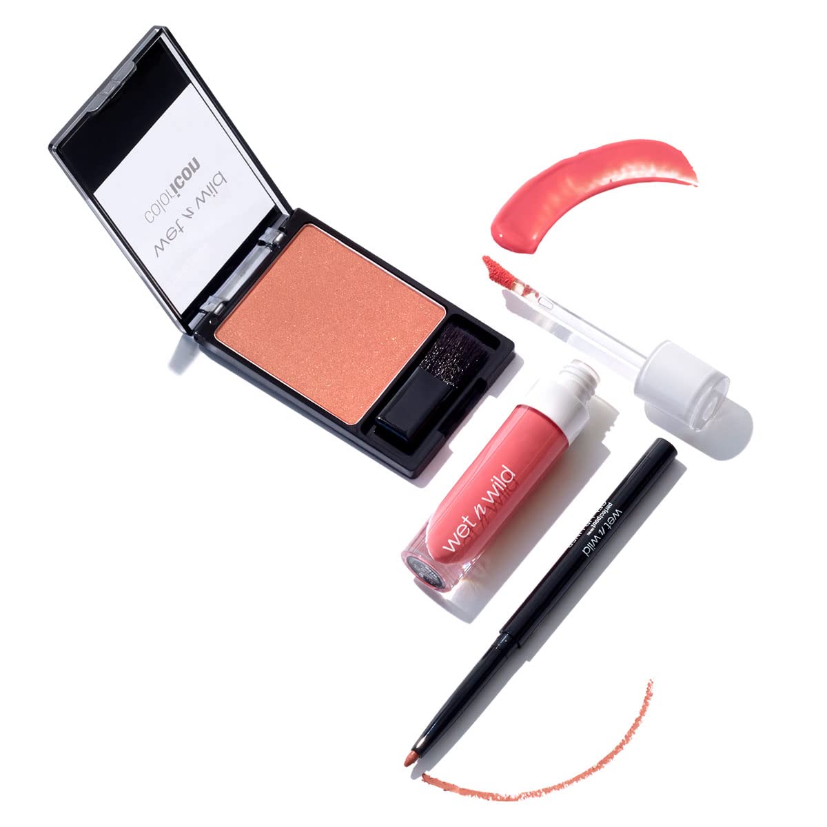 wet n wild Edit Makeup Set Peaches And Cream MegaLast Liquid Catsuit Peach Style, Color Icon Blush Pearlescent Pink, Perfect Pout Gel Lip Liner Think