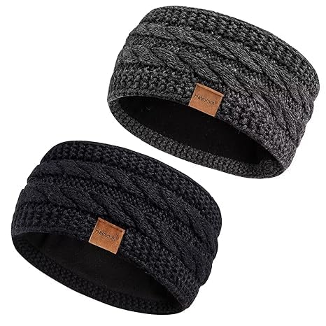 Hatromm Winter Headbands for Women Wool 2 Pack, Ear Warmers for Women Headband Knit Thick Fleece Lined(Black+Dark Gray)