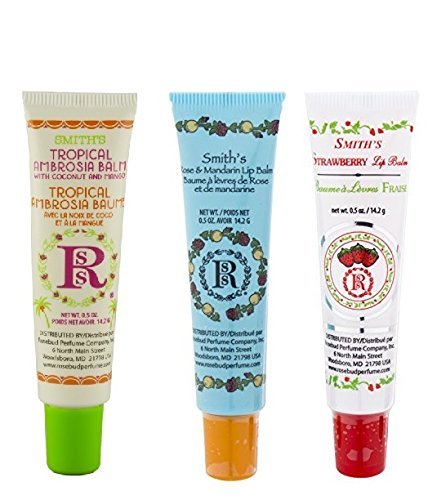 Rosebud Perfume Co. Tube 3 Pack: Tropical Ambrosia Balm, Rose & Mandarin Lip Balm, Strawberry Lip Balm Beauty and Personal Care Rosebud Perfume Co.