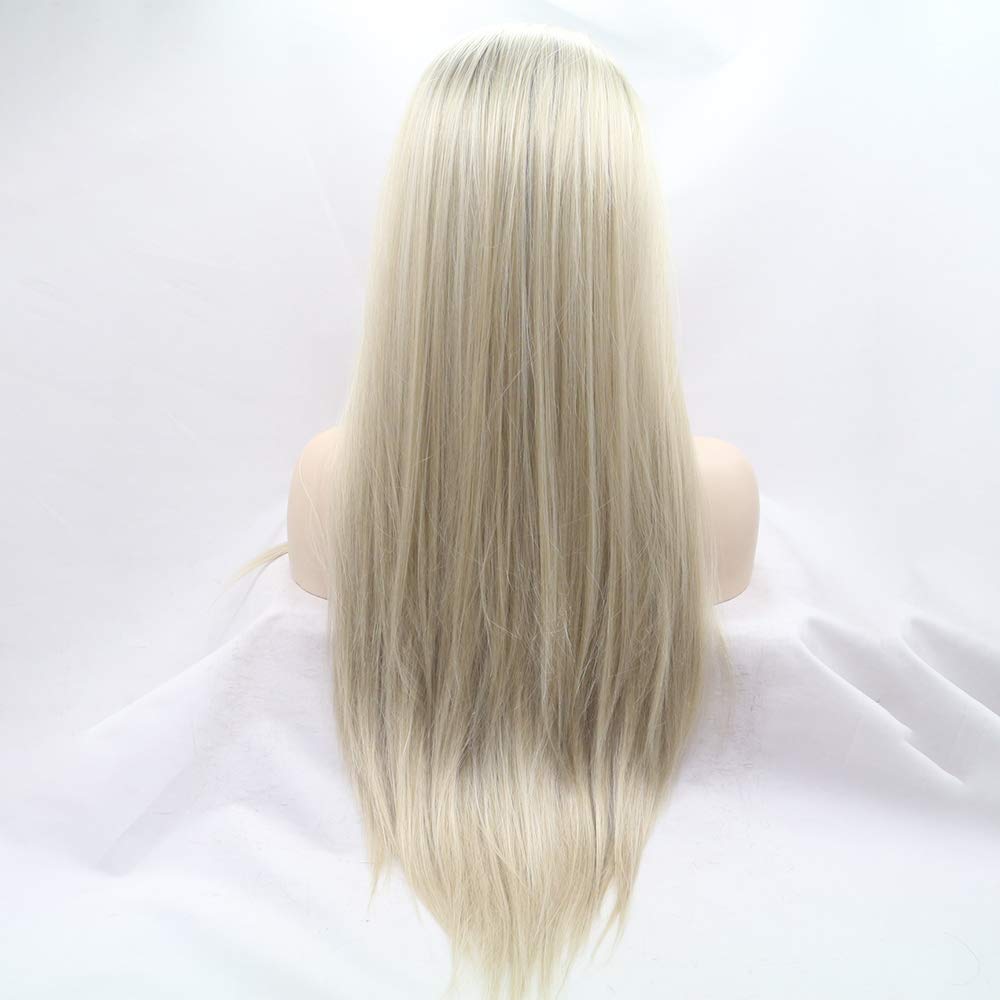 Ombre Blonde Wig Long Silky Straight Blonde Lace Front Wigs for Women Natural Hairline Dark Roots Long Lace Wig Glueless Synthetic Heat Resistant