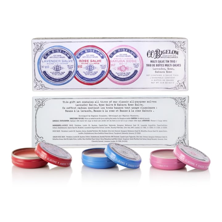 C.O. Bigelow Assorted Salve Tins, Pack of 3 Lip Balm Tins, Rose, Lavender, and Sakura Rose All Purpose Salve for Lips, Cuticles, Hands & Dry Skin, Lip Beauty and Personal Care C. O. Bigelow