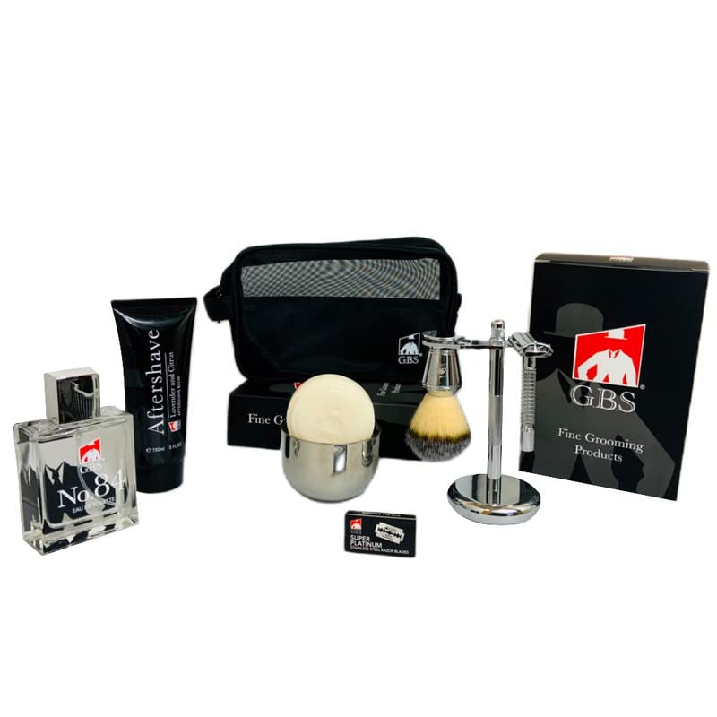 G.B.S Men’s Shaving Kit, Butterfly DE Safety Razor, Badger Brush, Shaving Bowl, Shave Soap, Stand, Aftershave, Cologne Plus Blades, with Bag Home Beauty and Personal Care G.B.S