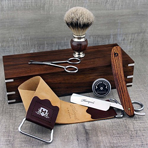 Classic Men's Shaving Set with Straight Razor, Silver Tip Shaving Brush, Trimming Scissors, Leather Strop & Paste in Wooden Box Beauty and Personal Care Haryali London
