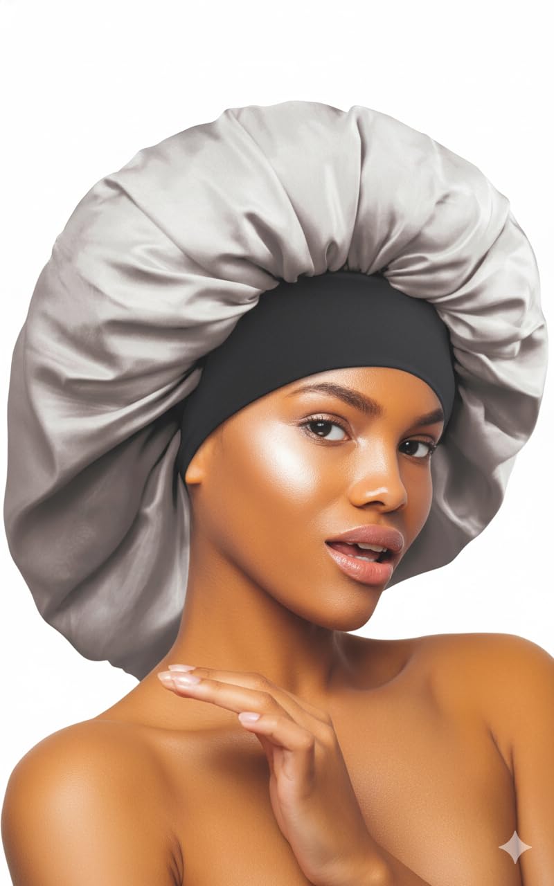 DONNA Wide Edge Satin Bonnet, Shower Cap for Women Silk Bonnet for Sleeping Satin Bonnet Jumbo SILVER Beauty and Personal Care DONNA