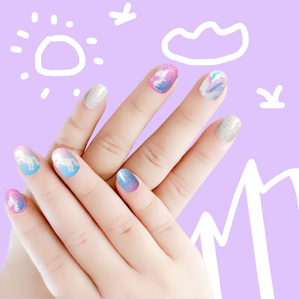 Laza 120pcs Children Nails Press On Pre-glue Full Cover Nail Tips Kit Glitter Gradient Color Rainbow Short Artificial False Nail Kits Lovely Christmas Beauty & Personal Care Laza