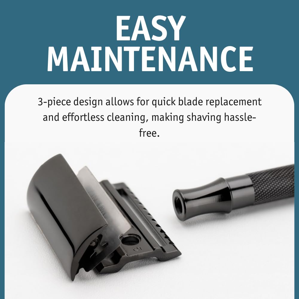 MERKUR 23B Double Edge Safety Razor - Black Long Knurled Brass Handle Made in Germany Plastic-Free Three Piece Design Closed Comb Straight Bar Beauty and Personal Care MERKUR