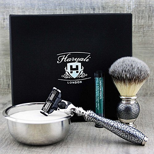 Classic Antique Look Shaving & Grooming Set in Silver for Men >Synthetic Brush,Triple Edge Cartridge Compatible, Engraved Bowl & Soap - Gift for Him Beauty and Personal Care Haryali London