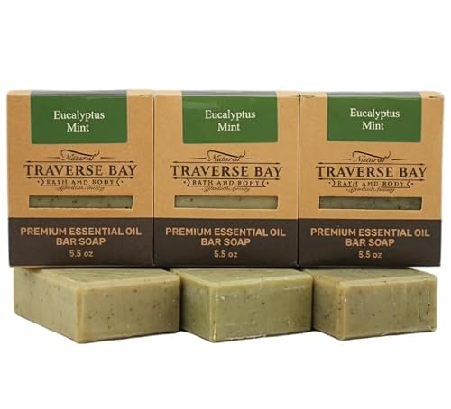 Traverse Bay Bath and Body- All natural handmade cold process bar soap, Eucalyptus and Peppermint, made in the USA, essential oils. 3 bar pack 15 + Beauty & Personal Care Traverse Bay Bath and Body