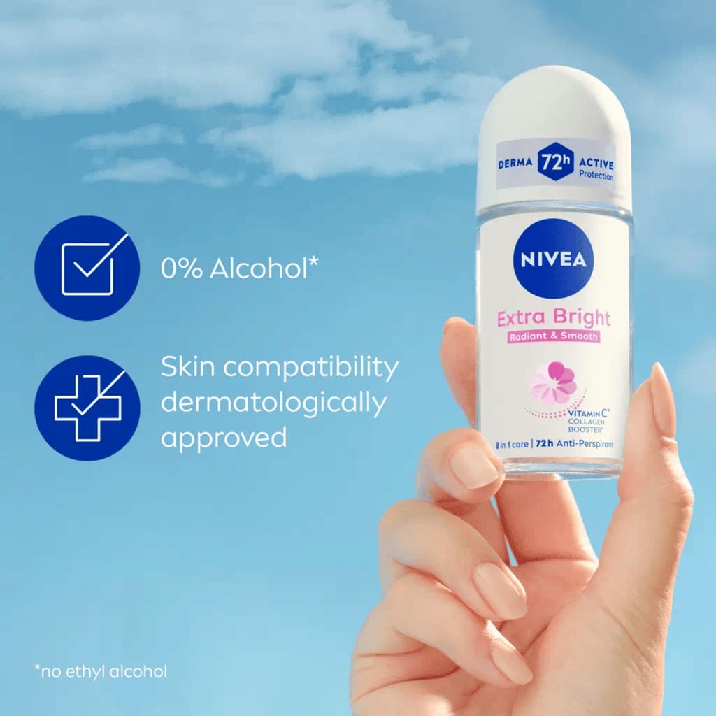 NIVEA Extra Bright 8 Super Food Vitamin C Collagen Booster Underarm Roll-On Deodorant, Alcohol-Free, 72HR Odor Protection, Smooth & Bright Skin, 50ml Beauty and Personal Care NIVEA