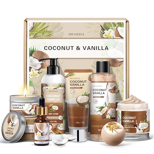 Gifts for Women, Birthday Gifts for Women, Bath and Body Gifts Set, Vanilla Coconut Spa Gift for Self Care,Thank you Relaxing Bath Sets for Mom Beauty and Personal Care LUCOTIYA