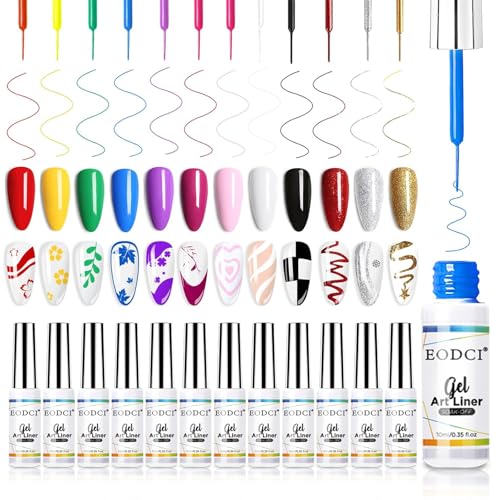 eodci Nail Art Gel Liner Set, 12 Colors Black Red Pink Yellow Green Glitter Fall Winter Gel Polish for Swirl French Tip Painting Designs Soak Off Beauty & Personal Care eodci