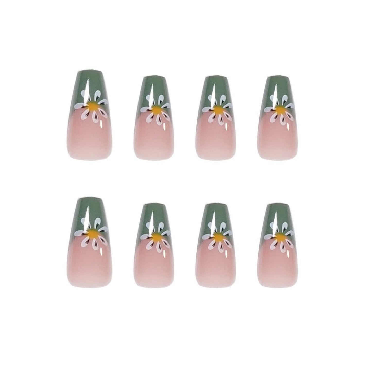 IMSOHOT Glossy Flower Press on Nails Medium Length Green Coffin Fake Nails French Cute False Nails Ballerina Glue on Nails for Women and Girls Beauty & Personal Care IMSOHOT