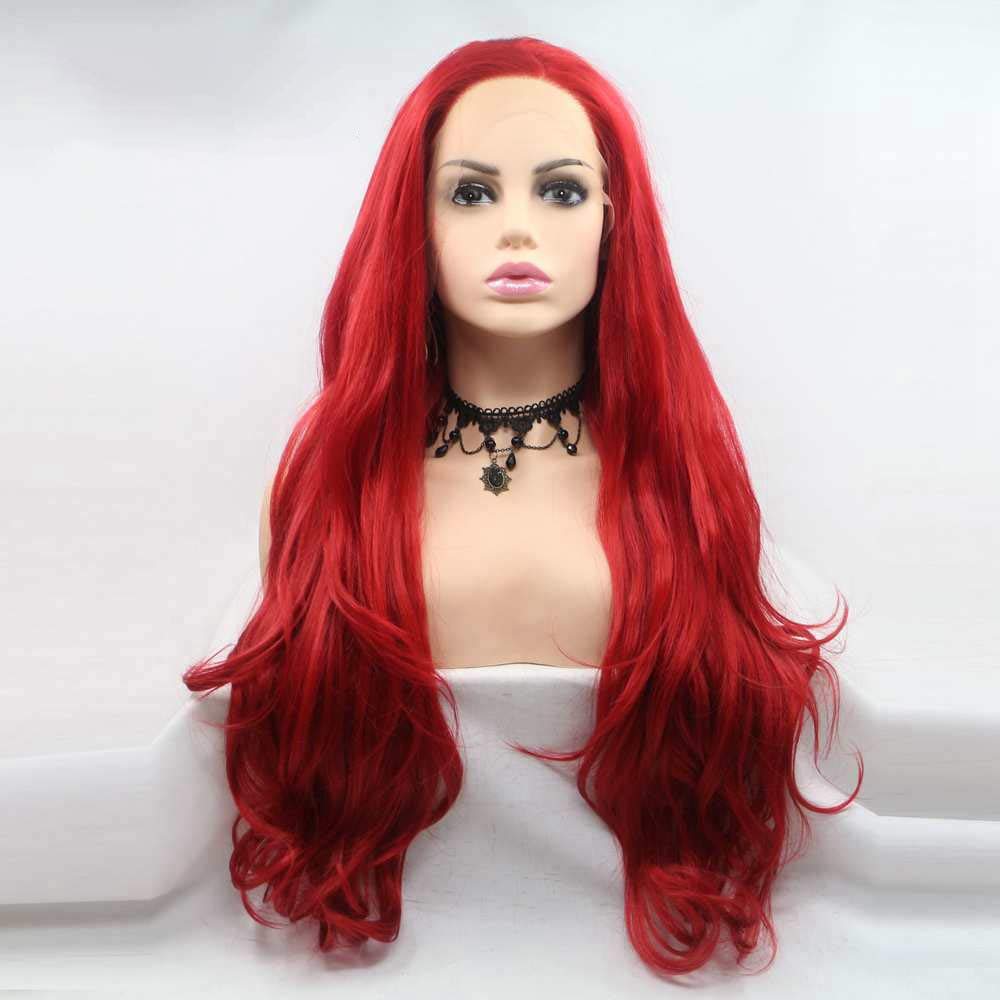 Red Wig Realistic Lace Front Cosplay Wig Hot Red Color Synthetic Cosplay Wig for Women Bright Red Lace Front Wigs with Natural Hairline Long Wavy Hair