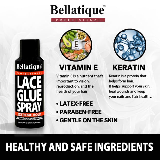 BELLATIQUE Lace Glue Spray - Extreme Hold. Edges Appear Natural, Humidity Resistant, Sweat Resistant, All Day Hold, Quick Drying, Flake Free, Easily