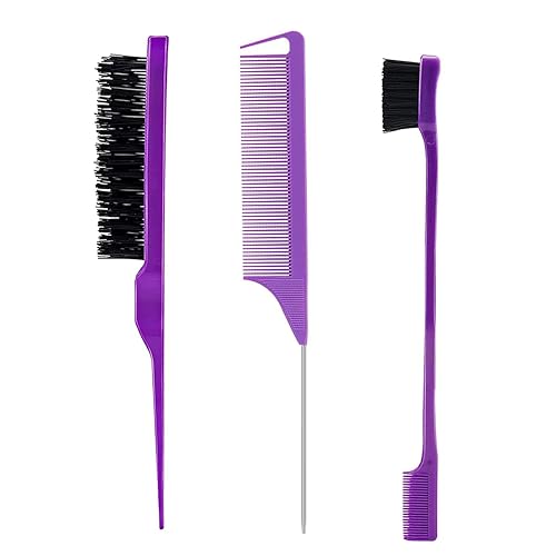 3 Pieces Hair Styling Comb Set Teasing Brush Rat Tail Comb Edge Brush for Edge&Back Brushing, Combing, Slicking Hair for Women (Purple) Beauty & Personal Care Goiple