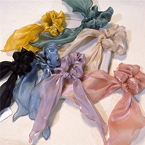 Silk Satin Bow Hair Ties, Chiffon Hair Ties in Boho Style, Bows Ponytail Accessories for Women or Girls (6 pcs)