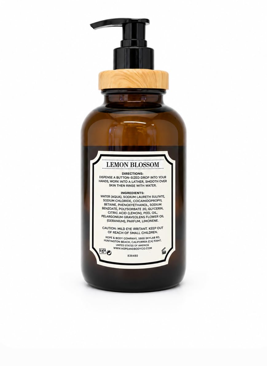 Home and Body Company Botanical + Herbal Hand Soap 22FL/605ml Infused with Essential Oils, Made in a Amber GLASS BOTTLE (LEMON BLOSSOM) Beauty & Personal Care Home & Body Company