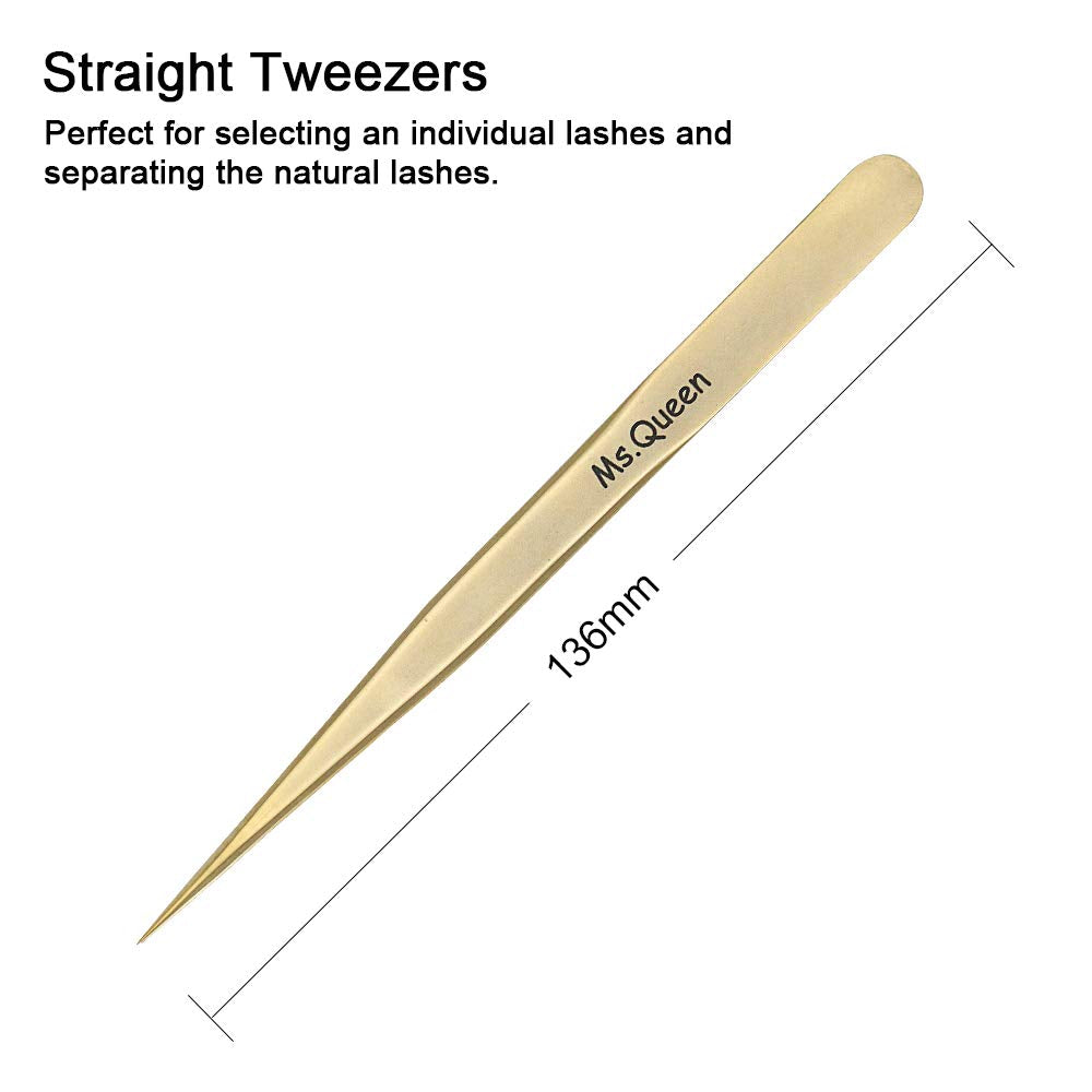 Ms.Queen Eyelash Extension Tweezers-Precision Tweezers for 2D-6D Volume&Individual False Lashes Extensions-Golden-Straight Tweezers Beauty and Personal Care Ms.Queen