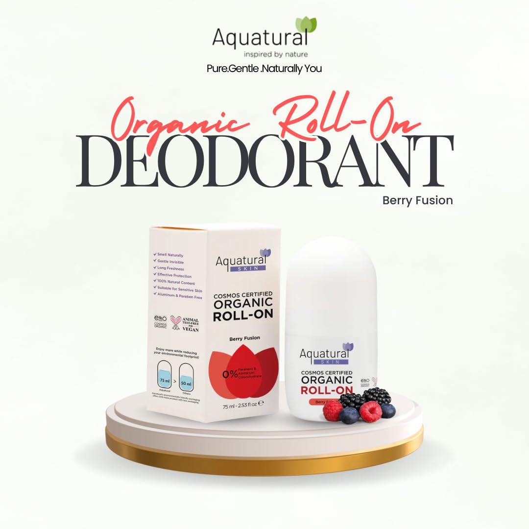 Aquatural Organic Deodorant Women & Men Roll On, Natural Formula for Sensitive Skin, Long-Lasting Odor Protection, Berry Fusion Scent 2.53 Fl Oz Beauty and Personal Care Aquatural