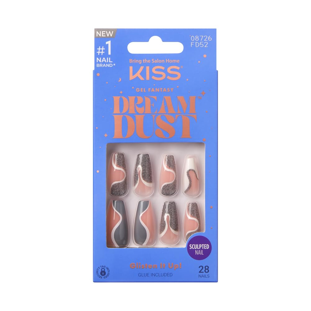 KISS False Nails Kit, Dreamdust Ready to Wear Gel Sculpted Nails, Stick and Glue Included, Long Length, Coffin Shape, Long-Lasting Hottest Trend Glue