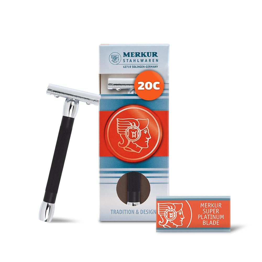 MERKUR 20C Double Edge Safety Razor, Long Handle, Black Anodized Aluminum & Bright Chrome Finish, Three-Piece Design, Closed Comb Straight Bar, Made Beauty and Personal Care MERKUR
