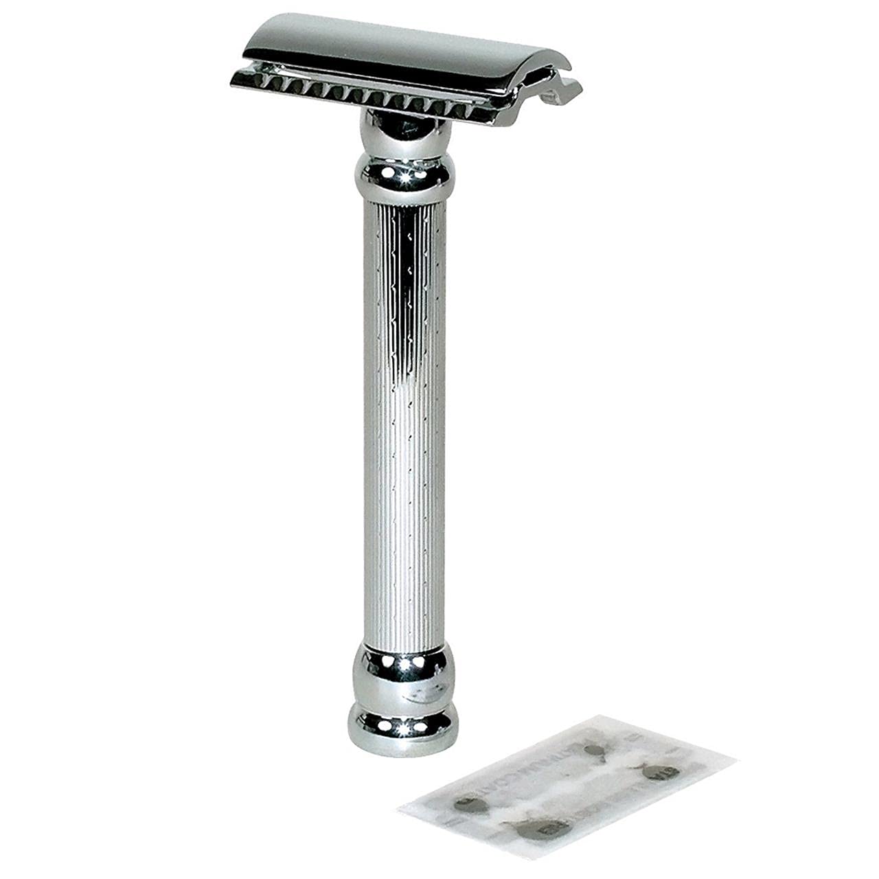 MERKUR 47C Double Edge Safety Razor - Long Handle Three-Piece Straight Cut Razor, Bright Chrome Finish, Engine-Turned Grip, Smooth Shave, Designed Beauty and Personal Care MERKUR