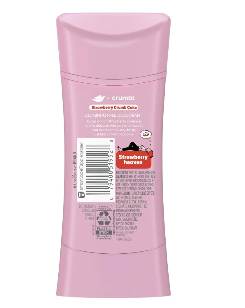 Dove x Crumbl 1 Pack Deodorant Stick Crumbl Strawberry Crumb Cake Aluminum Free, 2.6 oz Beauty and Personal Care Dove