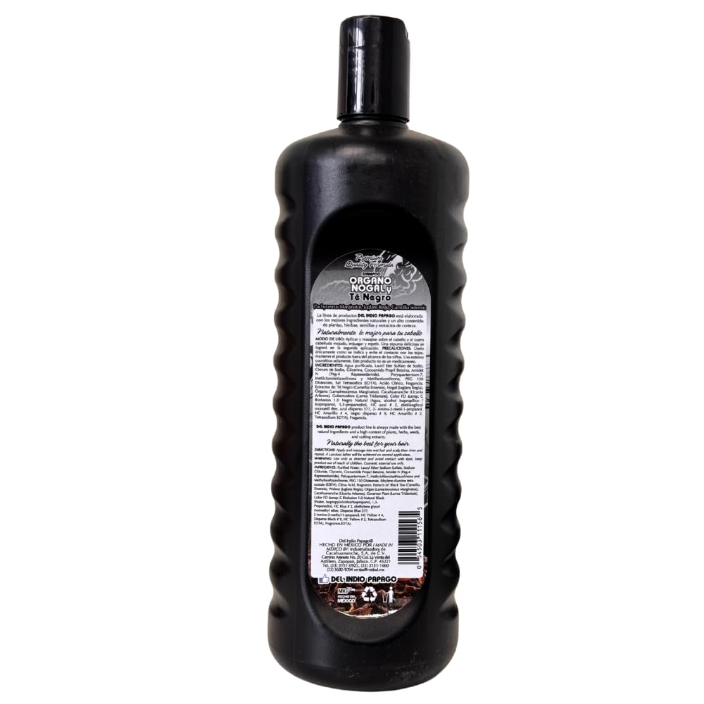 Del Indio Papago Organo Nogal y Té Negro Shampoo 1.1L - Black Walnut & Black Tea Herbal Shampoo for Dark-Looking Hair - Gentle Cleansing Formula - For