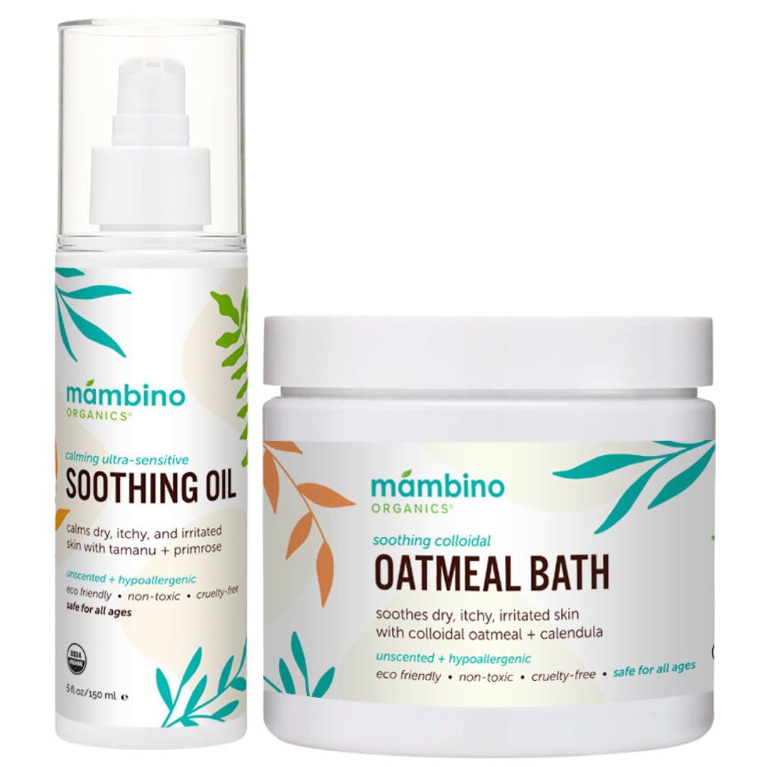 Mambino Organics Calming Skin Set, Oatmeal Bath Soak Powder & Soothing Body Oil, Fragrance-Free with Jojoba & Evening Primrose, Gentle for Babies Beauty and Personal Care Mambino Organics