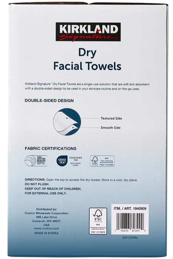 Kirkland Signature Daily Dry Facial Towels, 200-Count - Extra Soft Disposable Face Towels for Cleansing, Makeup Removal & Skincare - Gentle, Hygienic