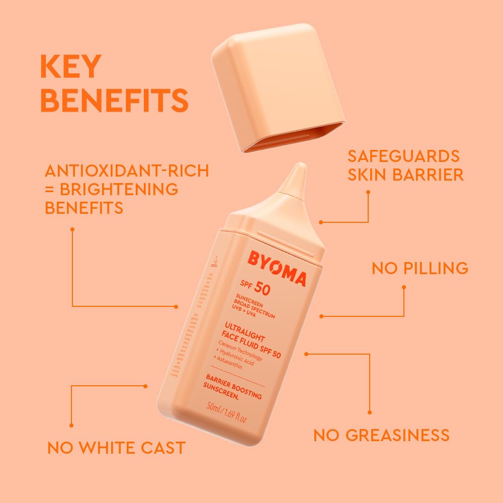 BYOMA SPF 50 Face Fluid - Ultra-Lightweight Facial Sunscreen for All Skin Tones - Luminous Glow, No White Cast - SPF Moisturizer Strengthens Skin Beauty and Personal Care BYOMA