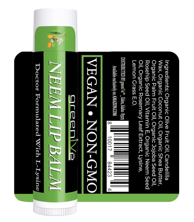 GreenIVe Neem Lip Balm Vegan Lip Moisturizer Neem Seed Oil L-Lysine Handcrafted Natural Lip Care Chap Stick for Dry Lips Cracked Lips Sensitive Lips Beauty and Personal Care GreenIVe