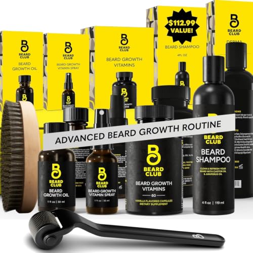 The Beard Club Advanced Beard Growth Kit - Derma Roller, Growth Oil, Vitamins and Vitamin Spray, Shampoo and Boar Bristle Brush - Gift Set - Cedar Beauty and Personal Care The Beard Club