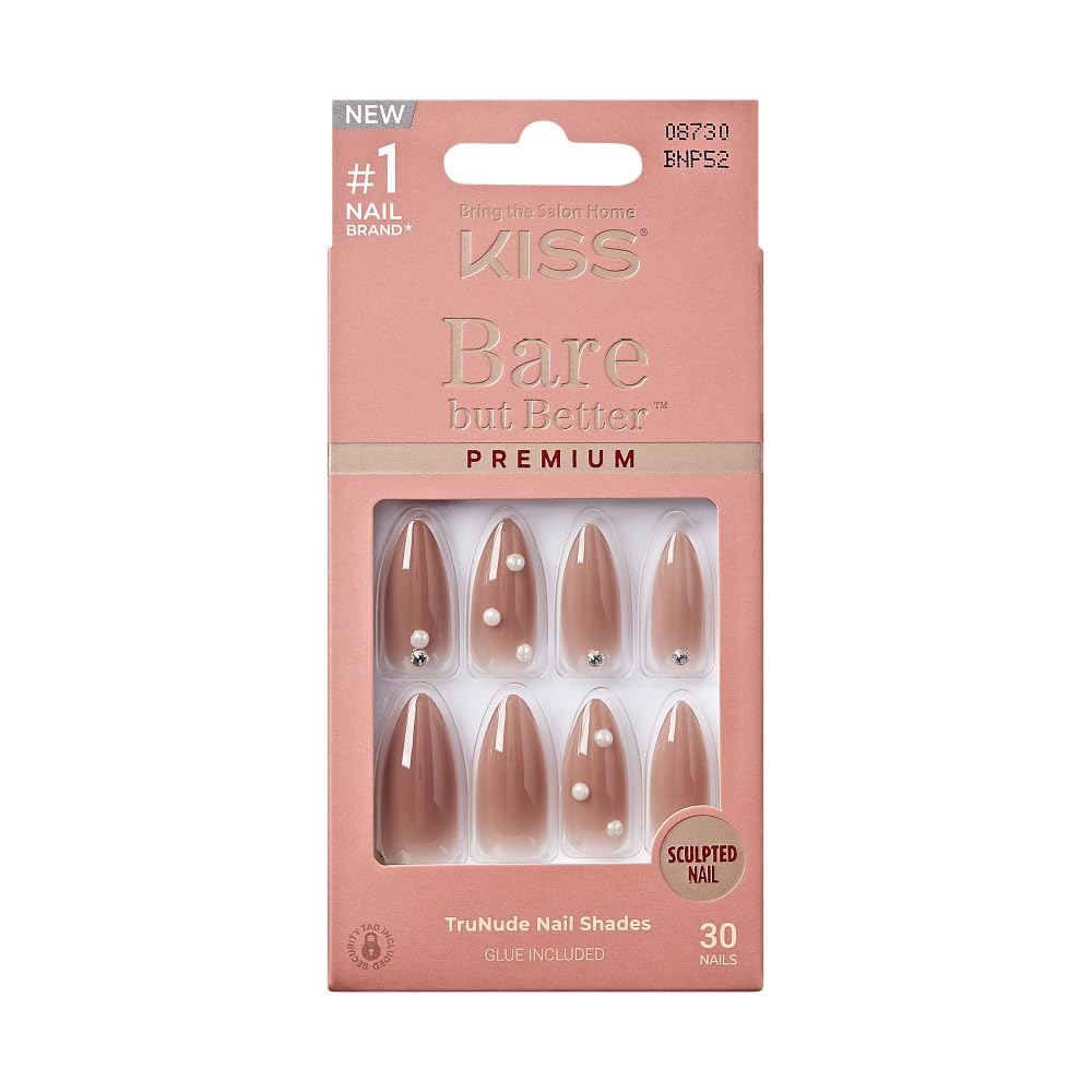 KISS False Nails Kit, Bare but Better Ready to Wear Sculpted Nails, Stick and Glue Included, Long Length, Almond Shape with Pearl Rhinestones