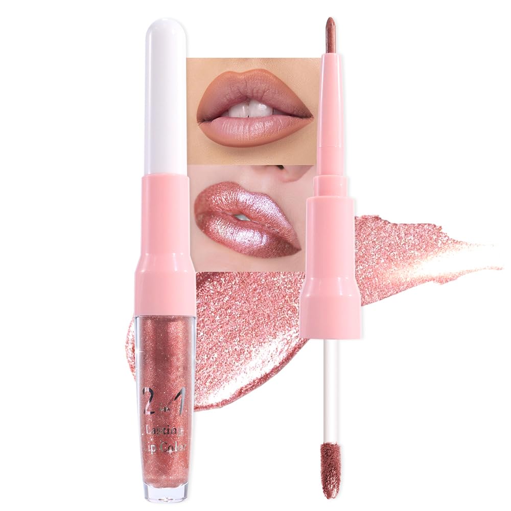 Rose Gold Metallic Lip Liner and Lipstick Combo Lip Gloss Tints Stain Set Makeup for Women Long Lasting Waterproof 24, Light Pink Metallic Glitter Beauty and Personal Care evpct