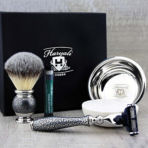 Classic Antique Look Shaving & Grooming Set in Silver for Men >Synthetic Brush,Triple Edge Cartridge Compatible, Engraved Bowl & Soap - Gift for Him Beauty and Personal Care Haryali London