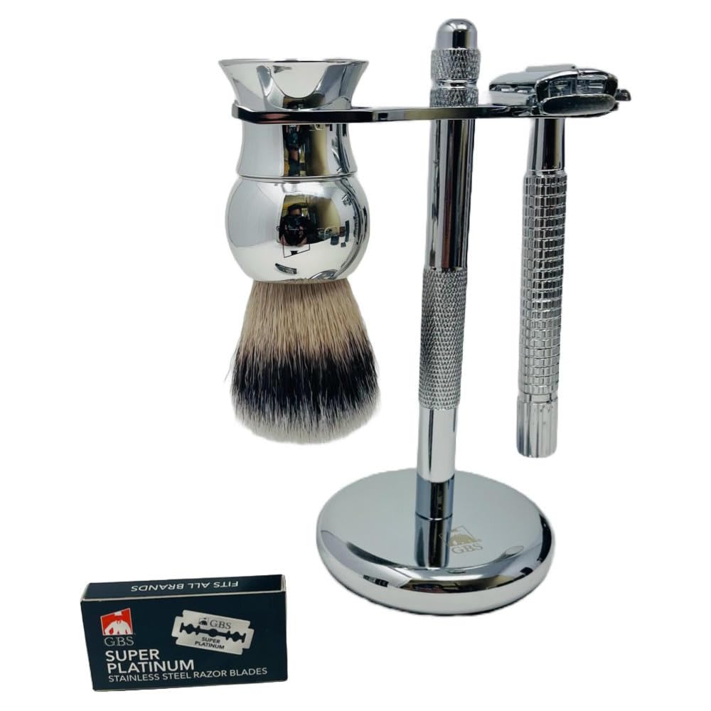 G.B.S Travel Shaving Kit- Steel Razor and Brush Stand, Chrome Double Edge Safety Razor + Leather Head Sleeve, Shave Brush + Travel Tube, Sandalwood Beauty and Personal Care G.B.S