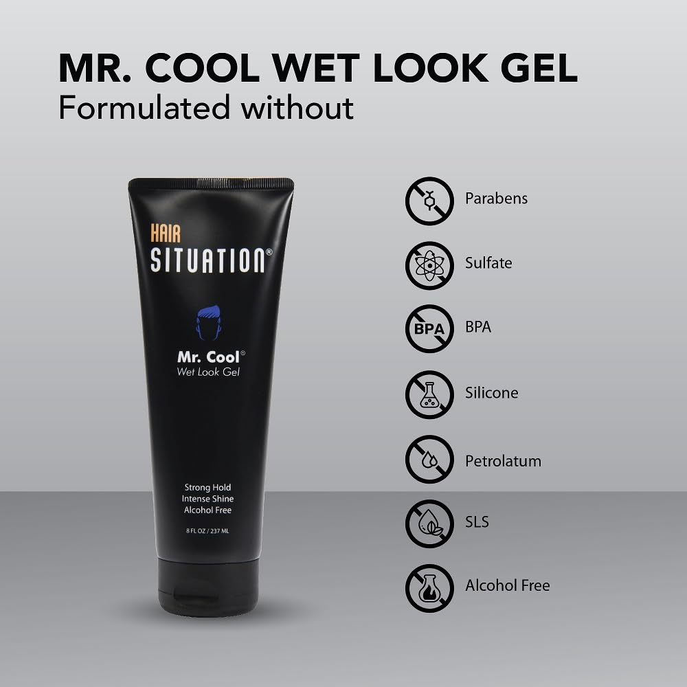 Hair Situation Mr. Cool Wet Look Strong Hold Hair Styling Hair Gel, High Shine, Anti-Humidity Shield, Anti-Frizz Fly Away, Alcohol-Free, No Flake Beauty & Personal Care Hair Situation