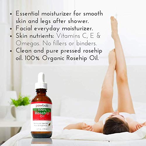powbab 100% Rosehip Oil - Organic, Cold Pressed from Premium Rosa Rubiginosa Rosehip Seed. Face and Body Oil for Skin, Hair, Nail Repair. Raw Pure E Beauty & Personal Care powbab