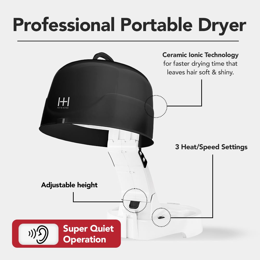 Annie Hot & Hotter Super Large Ceramic Ionic Hood Dryer - Professional Salon Hair Dryer with Adjustable Height, 3 Heat & Speed Settings, Portable