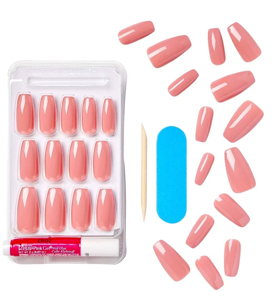 Kiss Gel Fantasy Collection Fake Nails Manicure Set, Pink, Long Length, Coffin Shaped, Style 'Urbane', with Mini Nail File, Pink Gel Nail Glue & 28