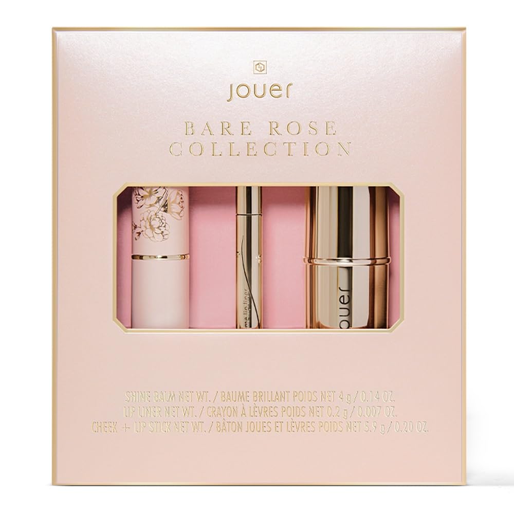 Jouer Bare Rose Collection - Blush Stick, Cream Lip Liner, Lip Plumping Balm Kit - Face Makeup in Rose Shades - Hydrating Formulas for Long Wear Beauty & Personal Care Jouer