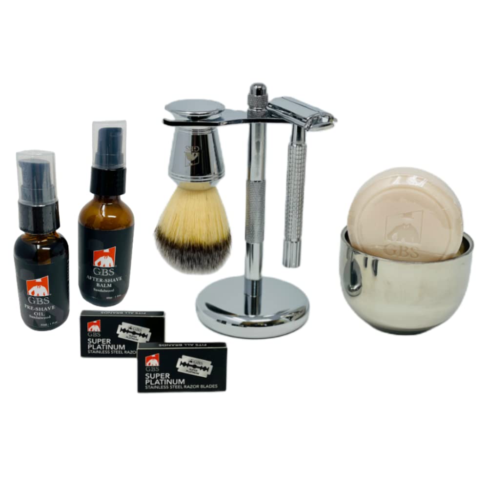G.B.S 9-Piece Men’s Classic Shaving Set - Razor, Brush, Bowl, Stand, Shave Soap, Pre-Shave Oil, Aftershave Balm & 2 Blade Packs Beauty and Personal Care G.B.S