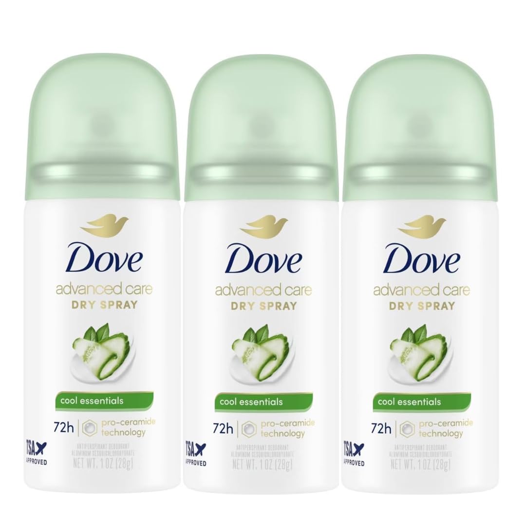 Dove Advanced Care Cool Essentials Antiperspirant & Deodorant Dry Spray Travel Size 1 oz Mini 3-Pack, 72 Hour Protection, Pro-Ceramide Technology Beauty and Personal Care Dove