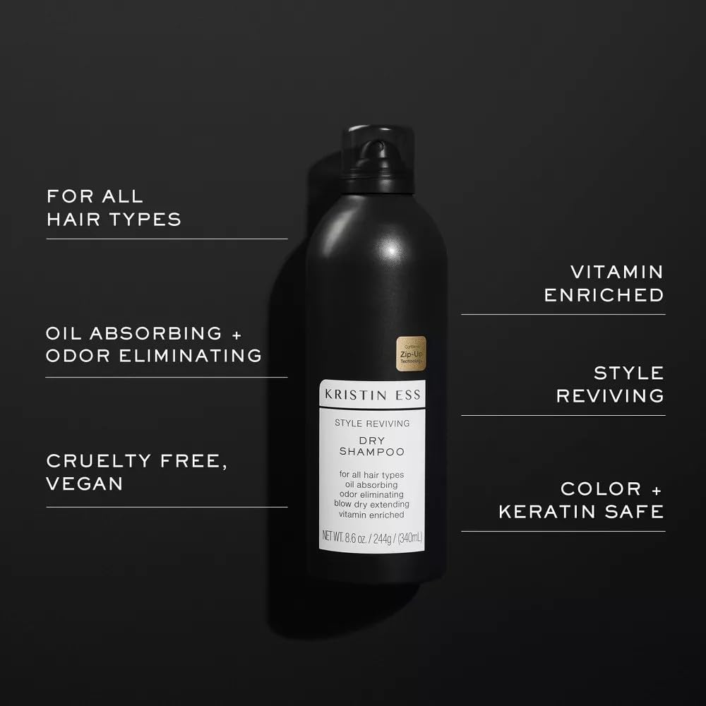 Kristin Ess Volumizing Jumbo Dry Shampoo Spray for Oily Hair + Frizz with Vitamin C - Oil Absorbing Style Extender with Minimal Residue - Sulfate Free