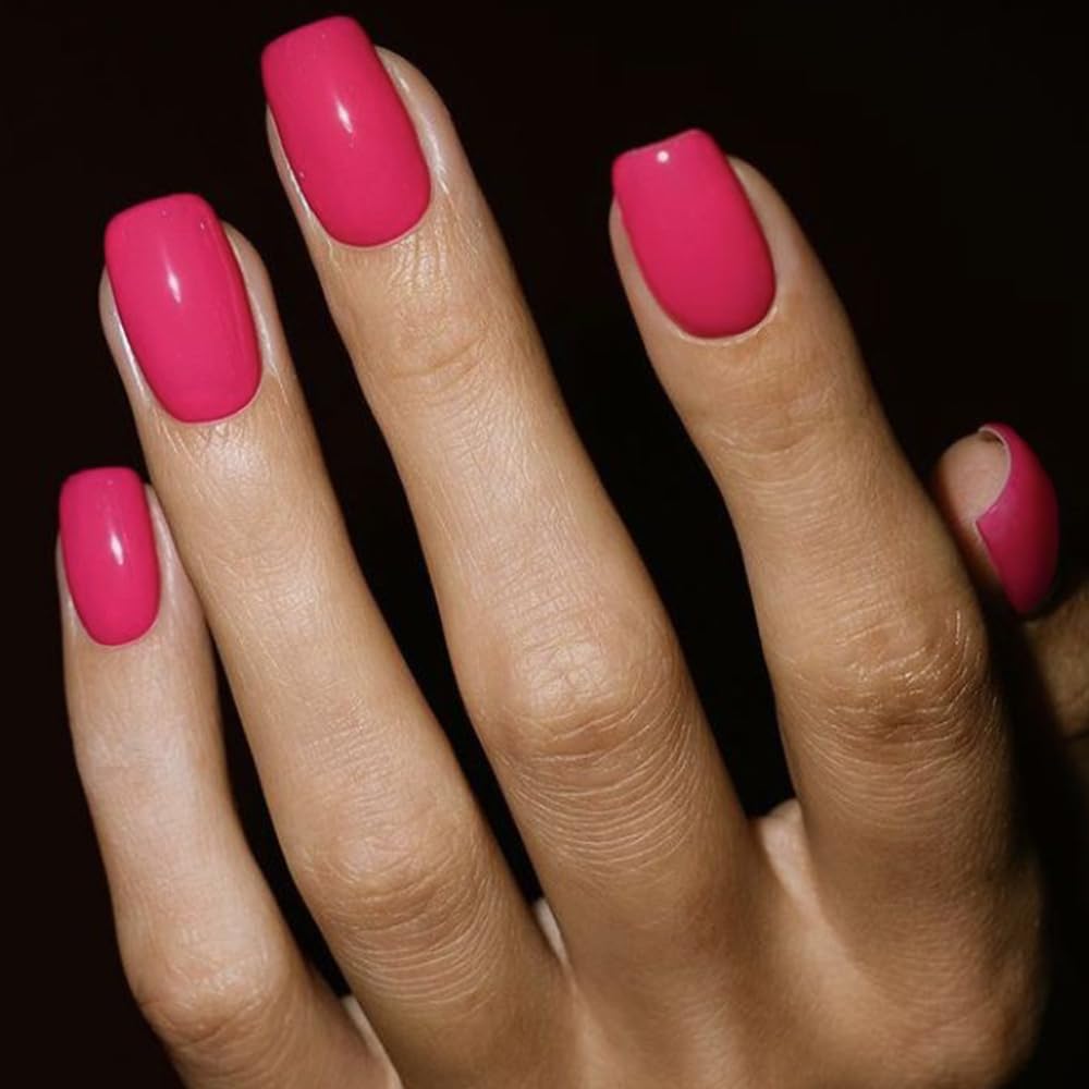 Gel Nail Polish Press on Nails Short, Handmade Hot Pink Fake Nails Medium Square Shape UV Jelly Finish Glue on Nails for Women Acrylic False Nail Kits Beauty & Personal Care GLAMERMAID