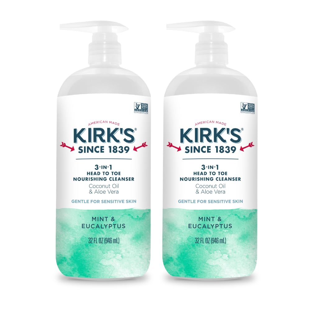 Kirk's Mint and Eucalyptus 3-in-1 Nourishing Cleanser, Shampoo Body Wash Bubble Bath, Coconut Oil and Aloe Vera, Vegan Non-GMO, 32 Fl Oz, Pack of 2 Beauty & Personal Care Kirk's