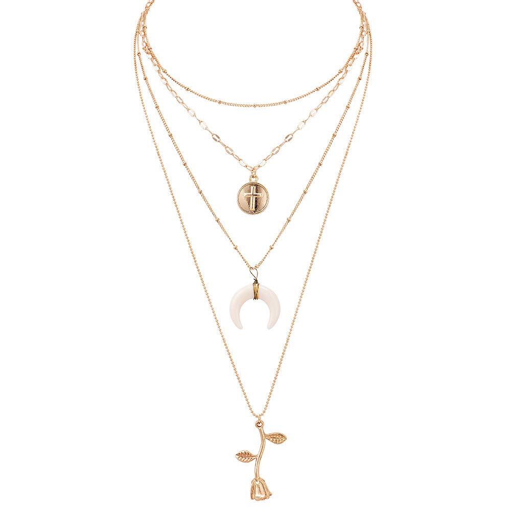 DoubleNine Double Strand Gold Chain Necklace Star Sun Crystal Minimalist Wedding Evening Necklace for Women Girls Beauty & Personal Care Doubnine