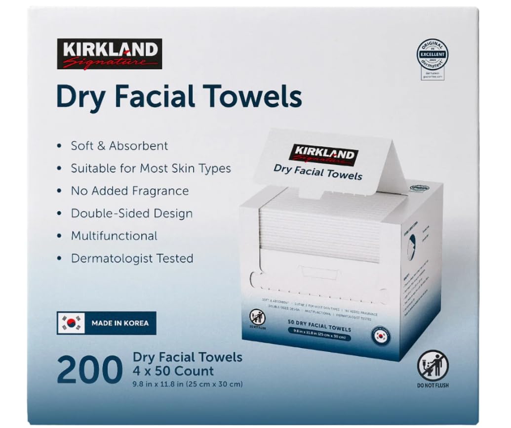 Kirkland Signature Daily Dry Facial Towels, 200-Count - Extra Soft Disposable Face Towels for Cleansing, Makeup Removal & Skincare - Gentle, Hygienic